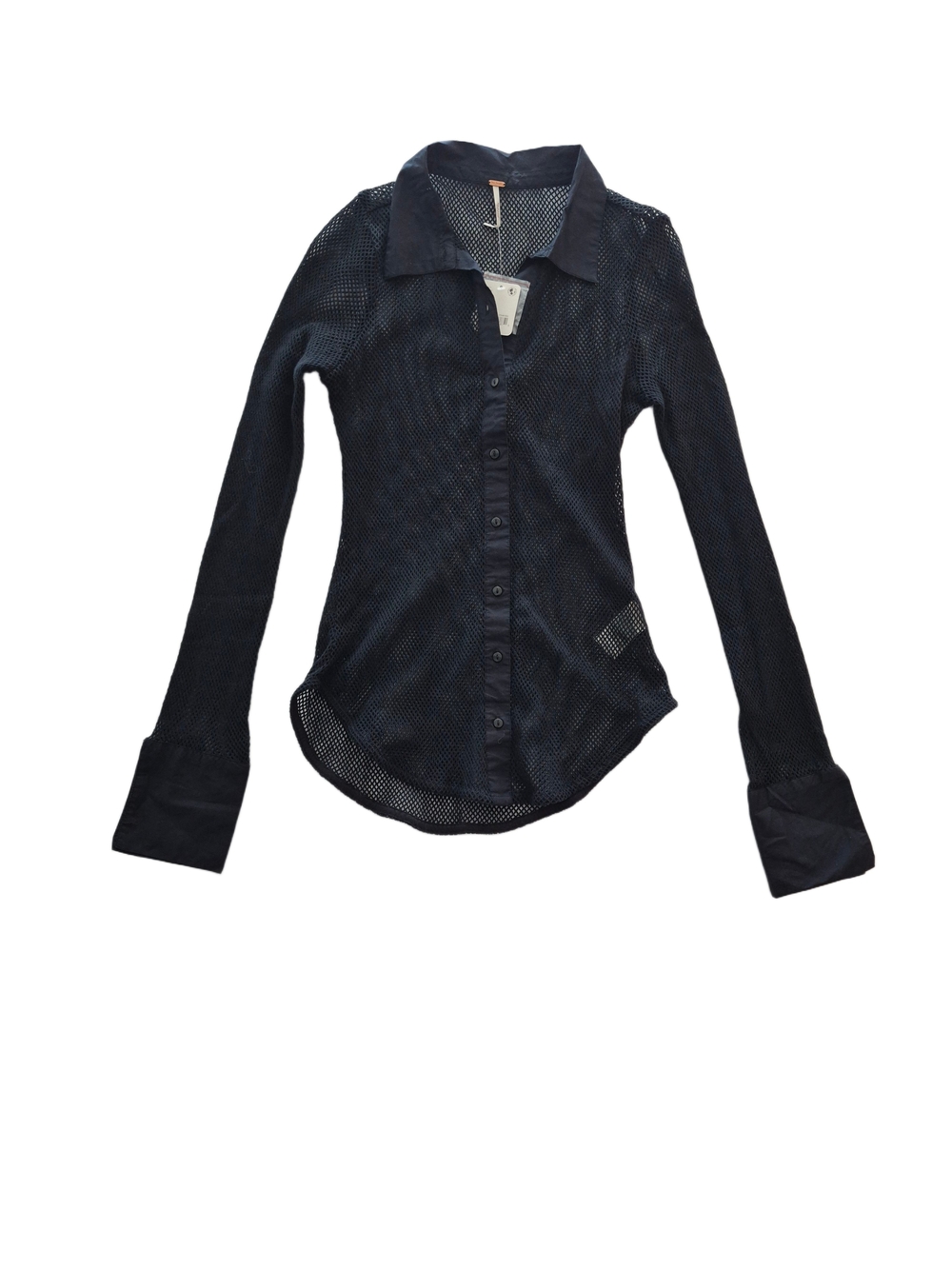 NWT Free People Black Sheer Mesh Button-Down Blouse Size M